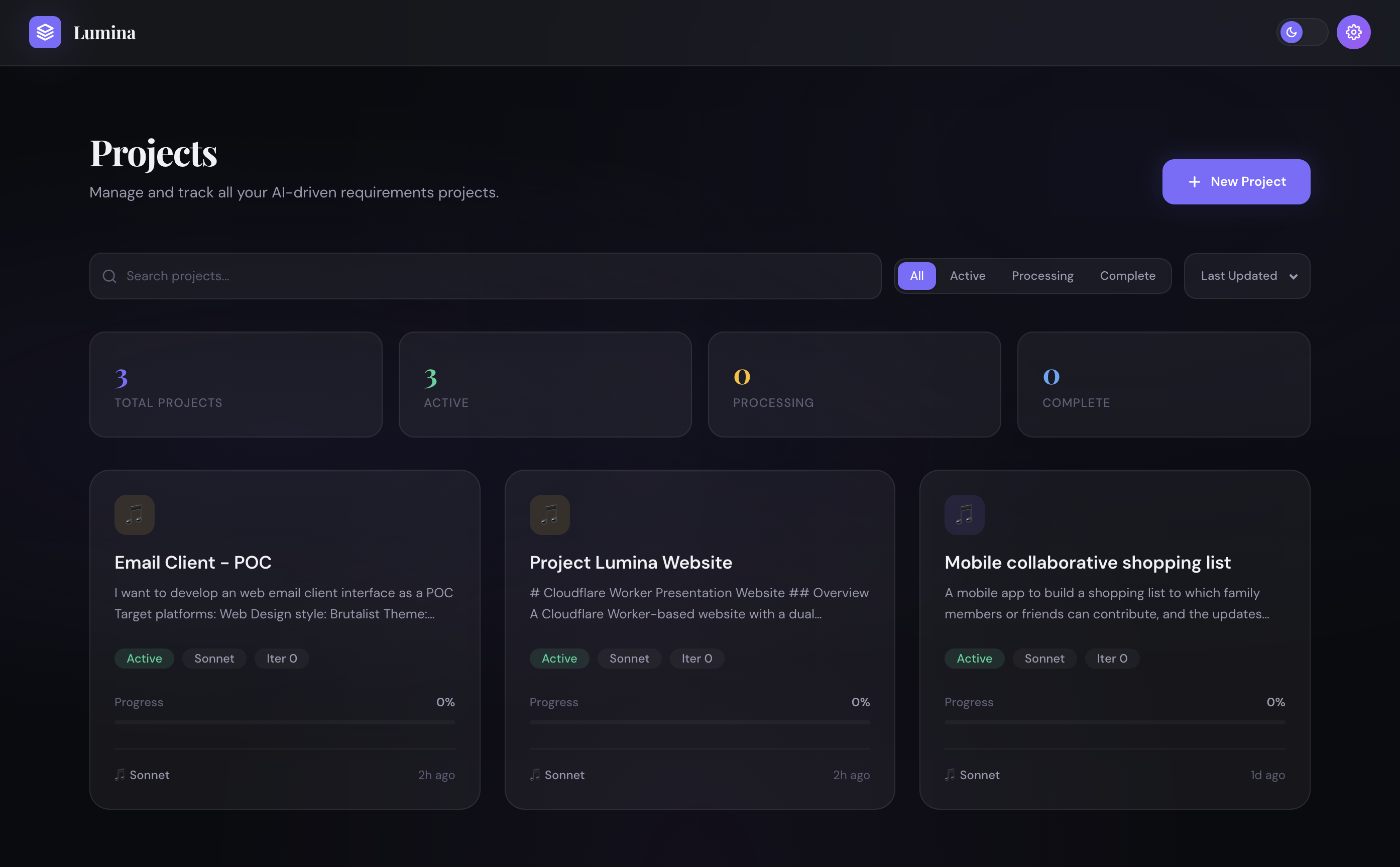 Eldrin dashboard showing active projects with AI agent status
